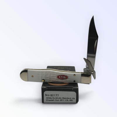 Pigeon Roost Knives Case XX Cheetah Cub pocket knife with white jigged synthetic handle and red SparXX shield
