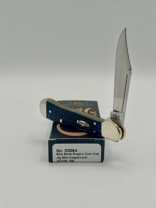 Case XX 02864 Blue Bone Mini CopperLock — closed on Case box