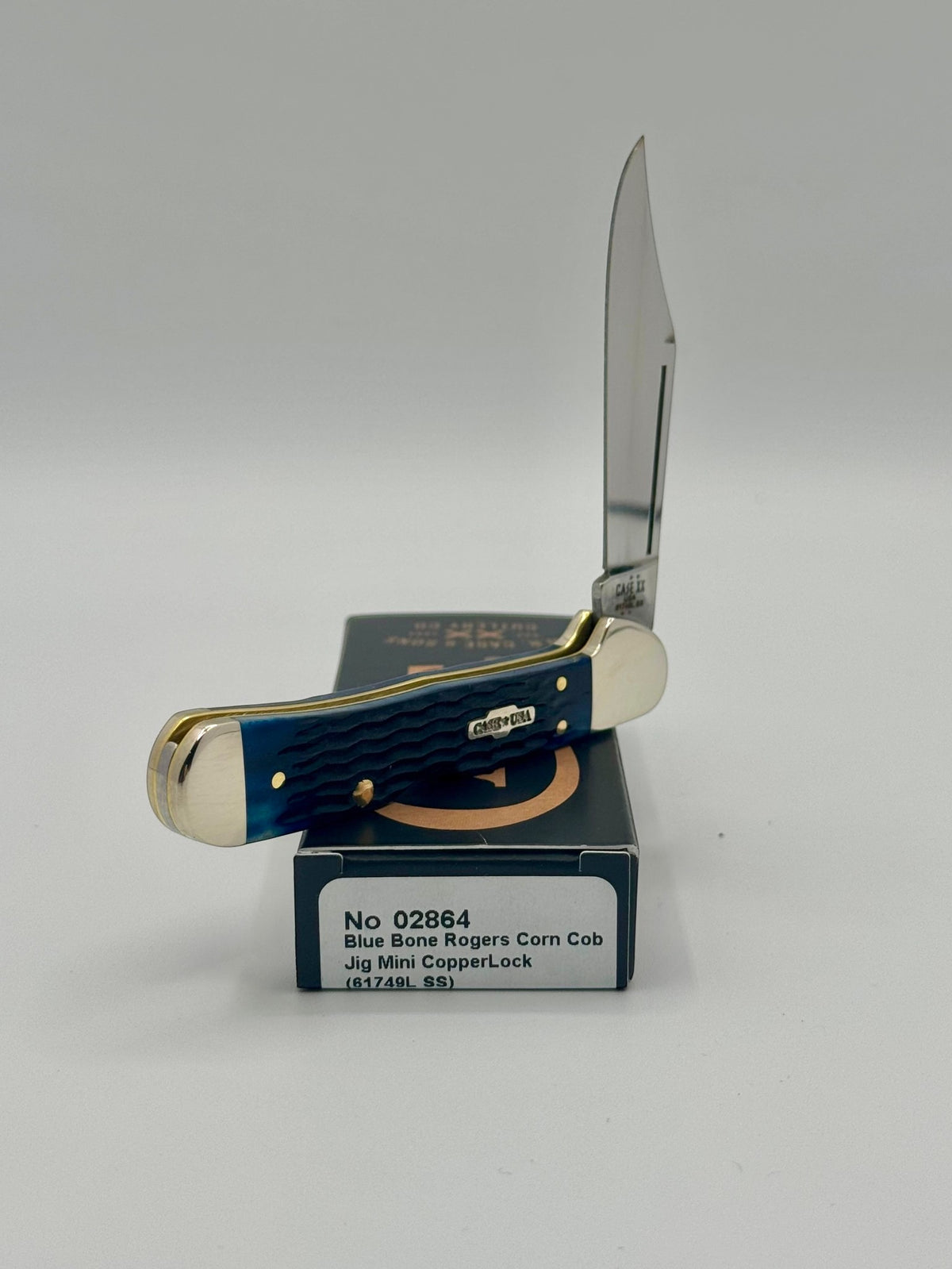 Case XX 02864 Blue Bone Mini CopperLock — blade detail on Case box