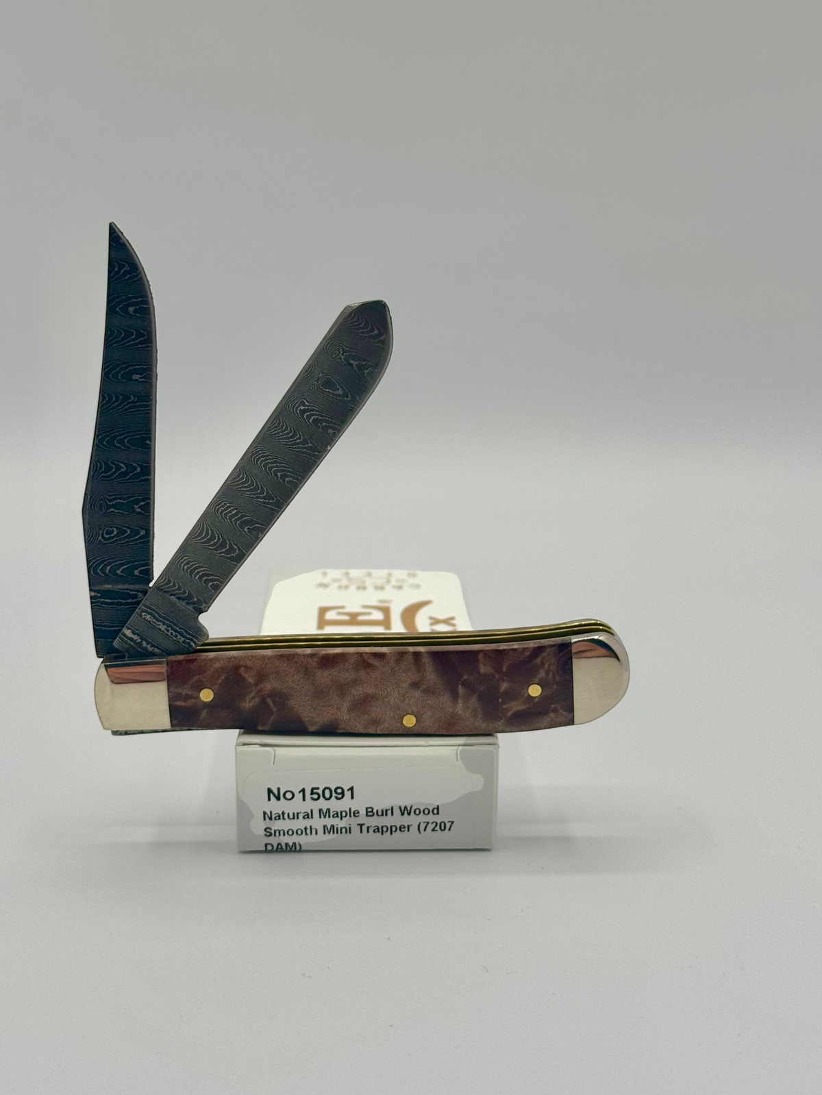 Case XX 15091 Natural Maple Burl Wood Ladder Damascus Mini Trapper — angled open view