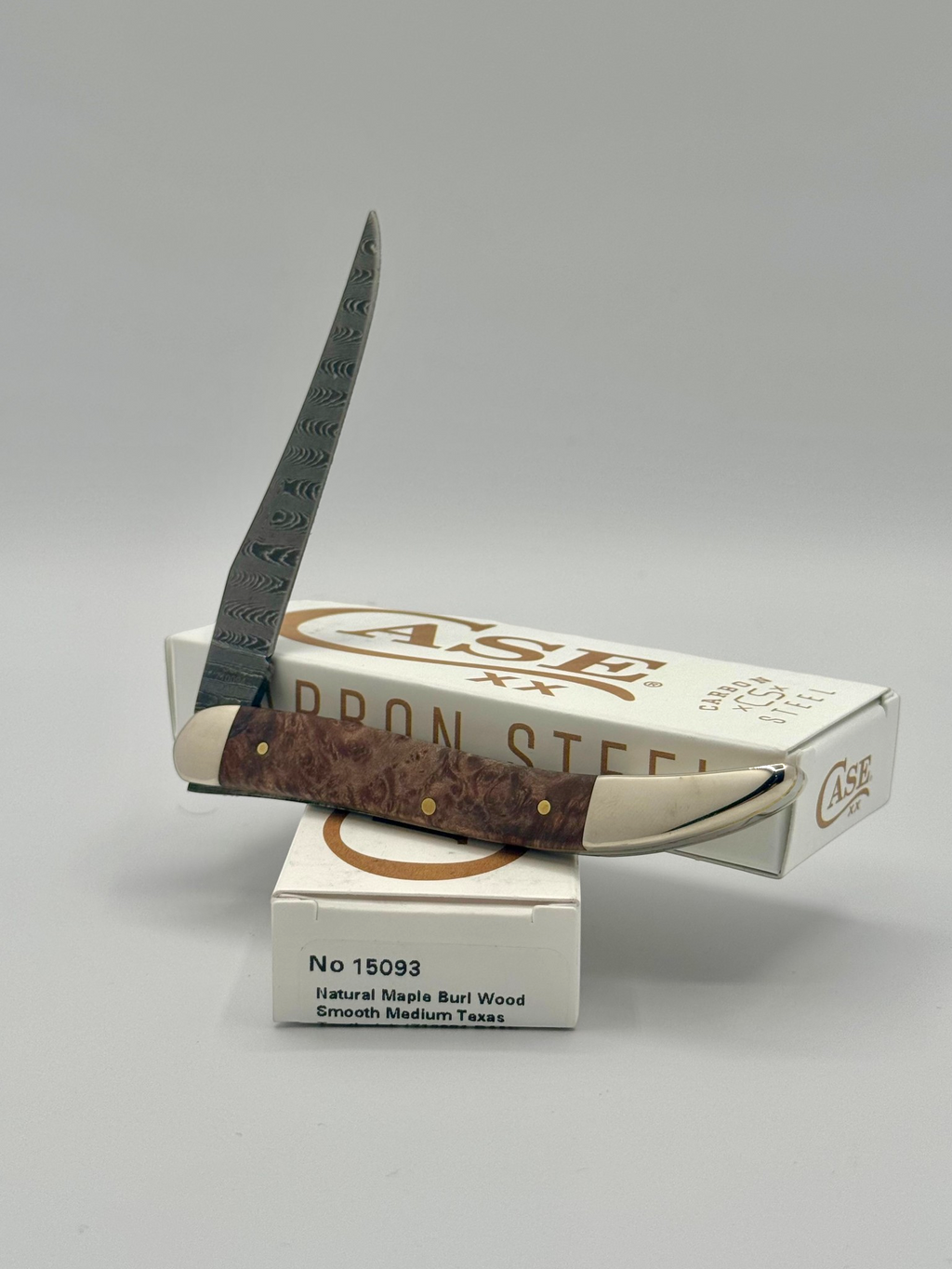 Case XX 15093 Smooth Natural Maple Burl Wood Damascus Medium Toothpick — handle and shield detail