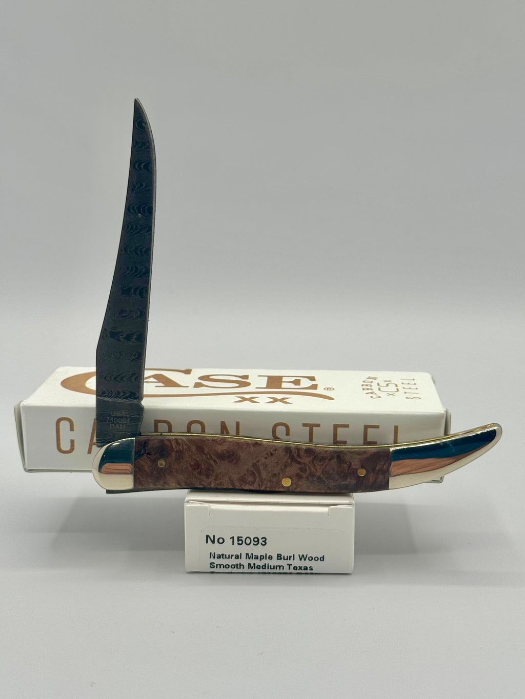 Case XX 15093 Smooth Natural Maple Burl Wood Damascus Medium Toothpick — angled open view