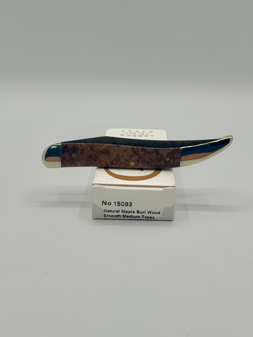 Case XX 15093 Smooth Natural Maple Burl Wood Damascus Medium Toothpick — packaging and knife together