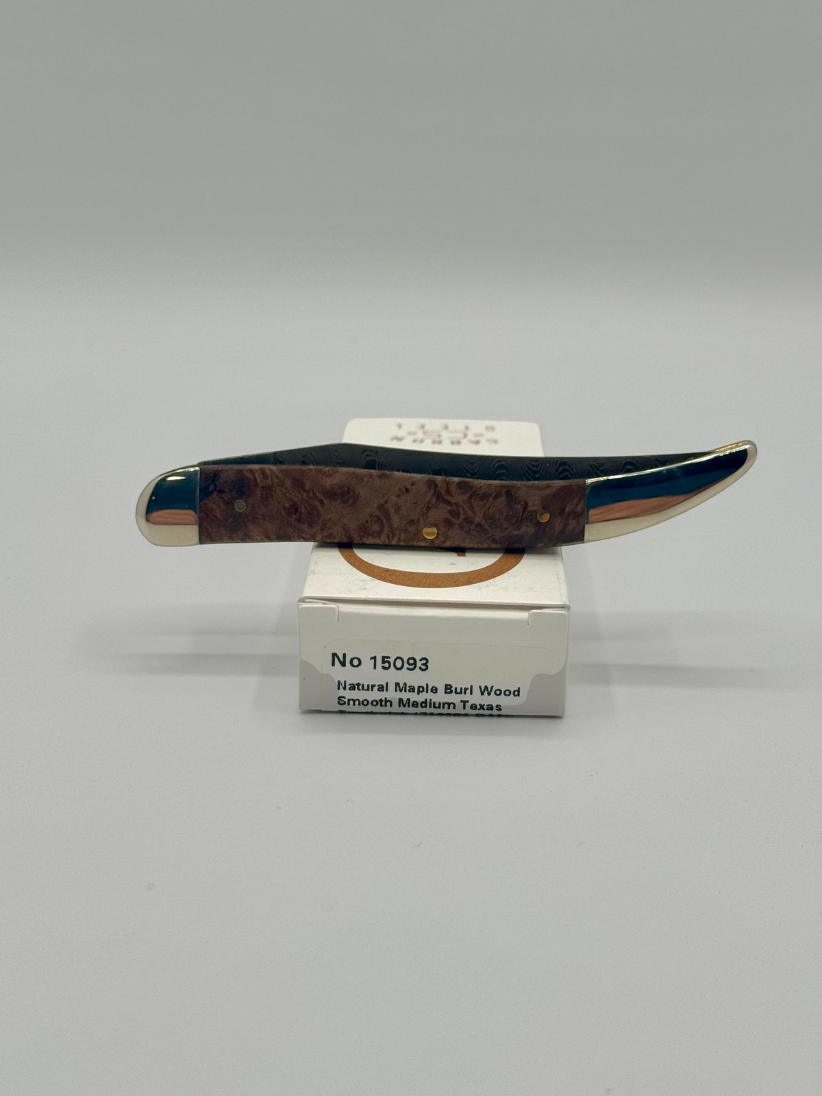 Case XX 15093 Smooth Natural Maple Burl Wood Damascus Medium Toothpick — packaging and knife together