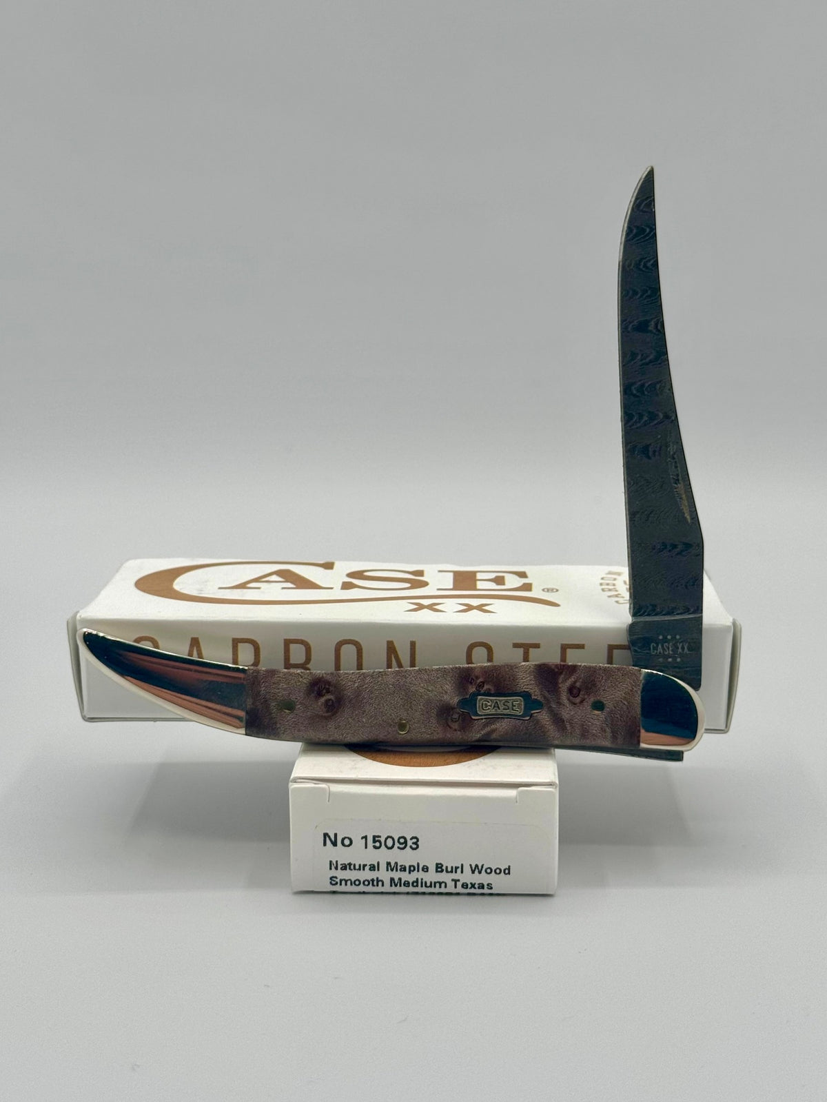 Case XX 15093 Smooth Natural Maple Burl Wood Damascus Medium Toothpick — open on Case retail box