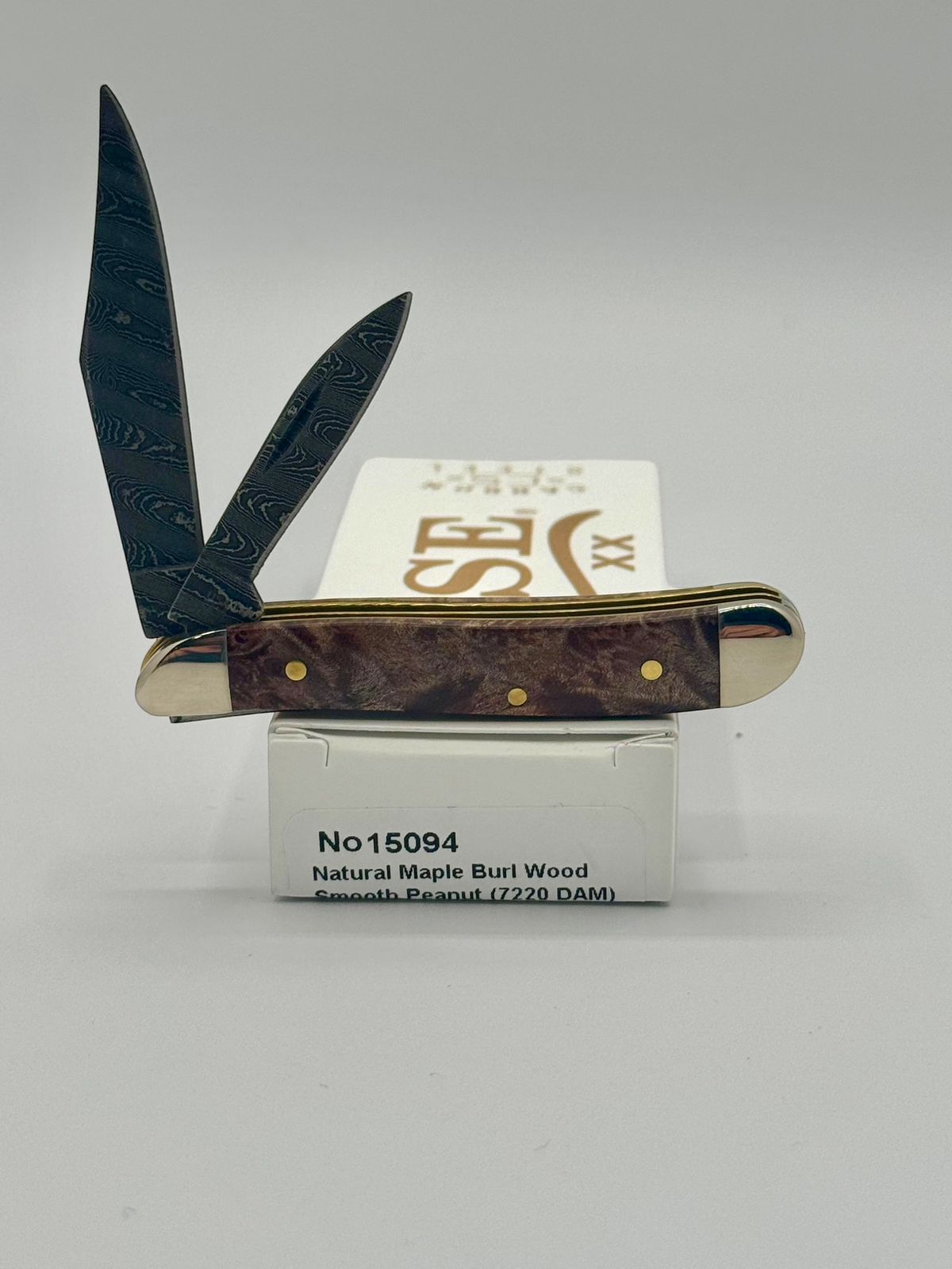 Case XX 15094 Smooth Natural Maple Burl Wood Damascus Peanut — angled open view