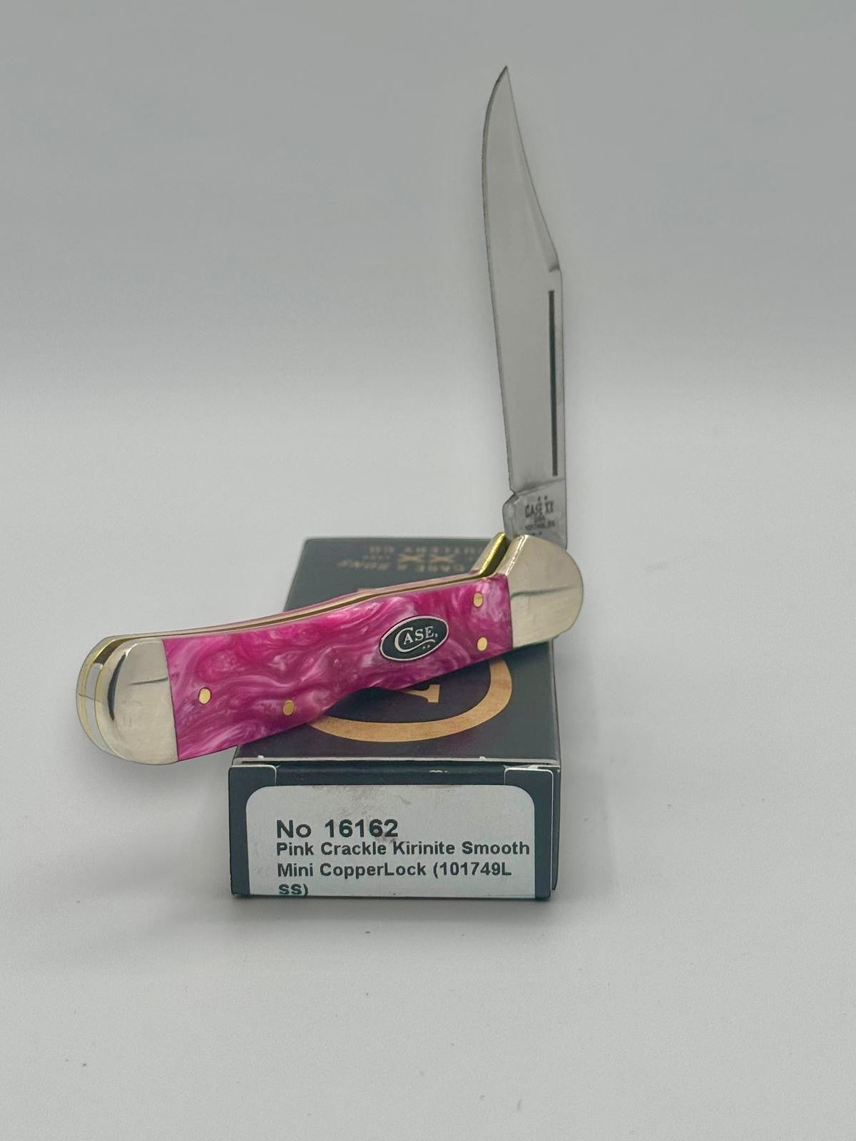 Case XX 16162 Pink Crackle Mini CopperLock — blade detail on Case box