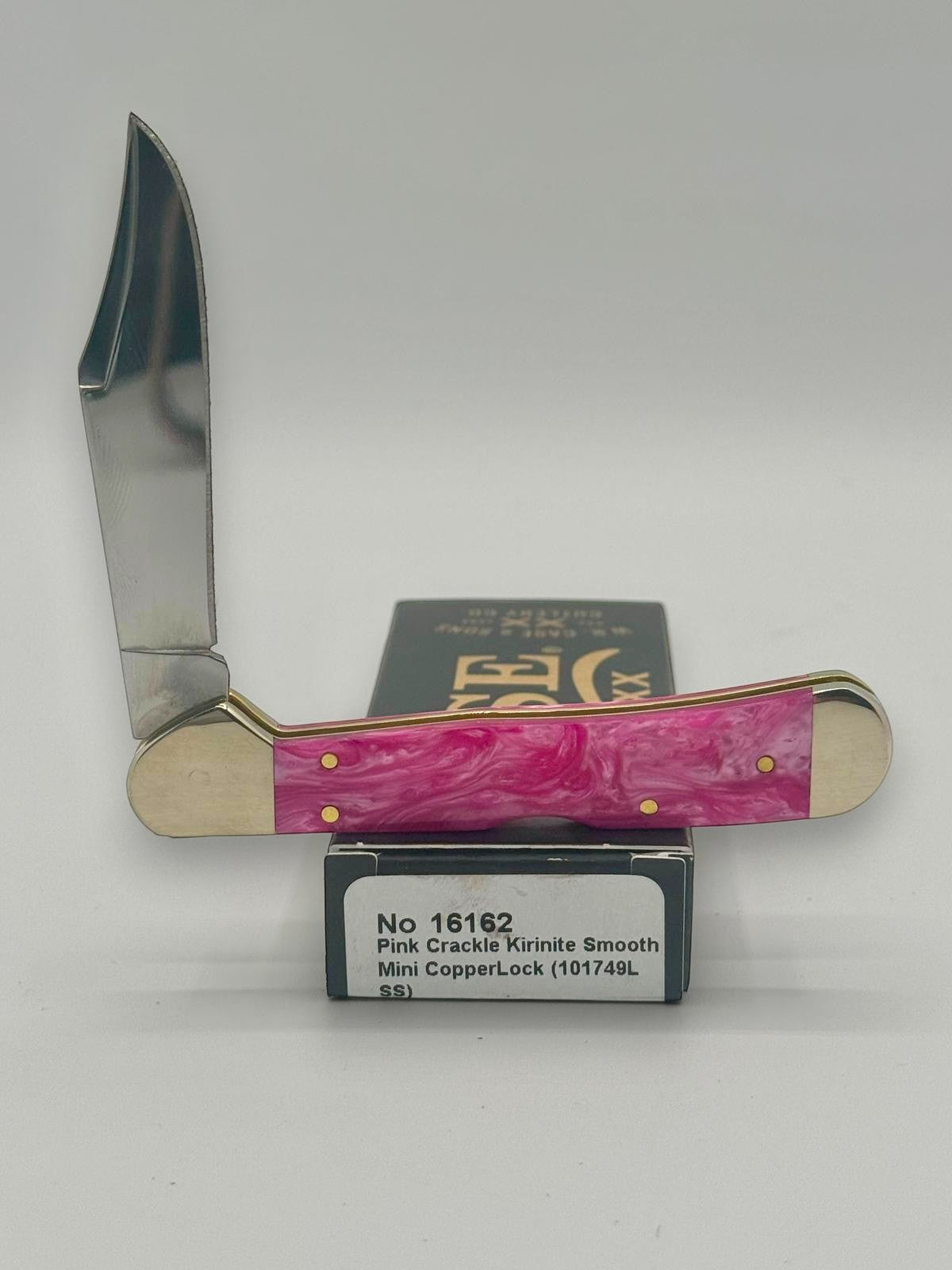 Case XX 16162 Pink Crackle Mini CopperLock — angled open view
