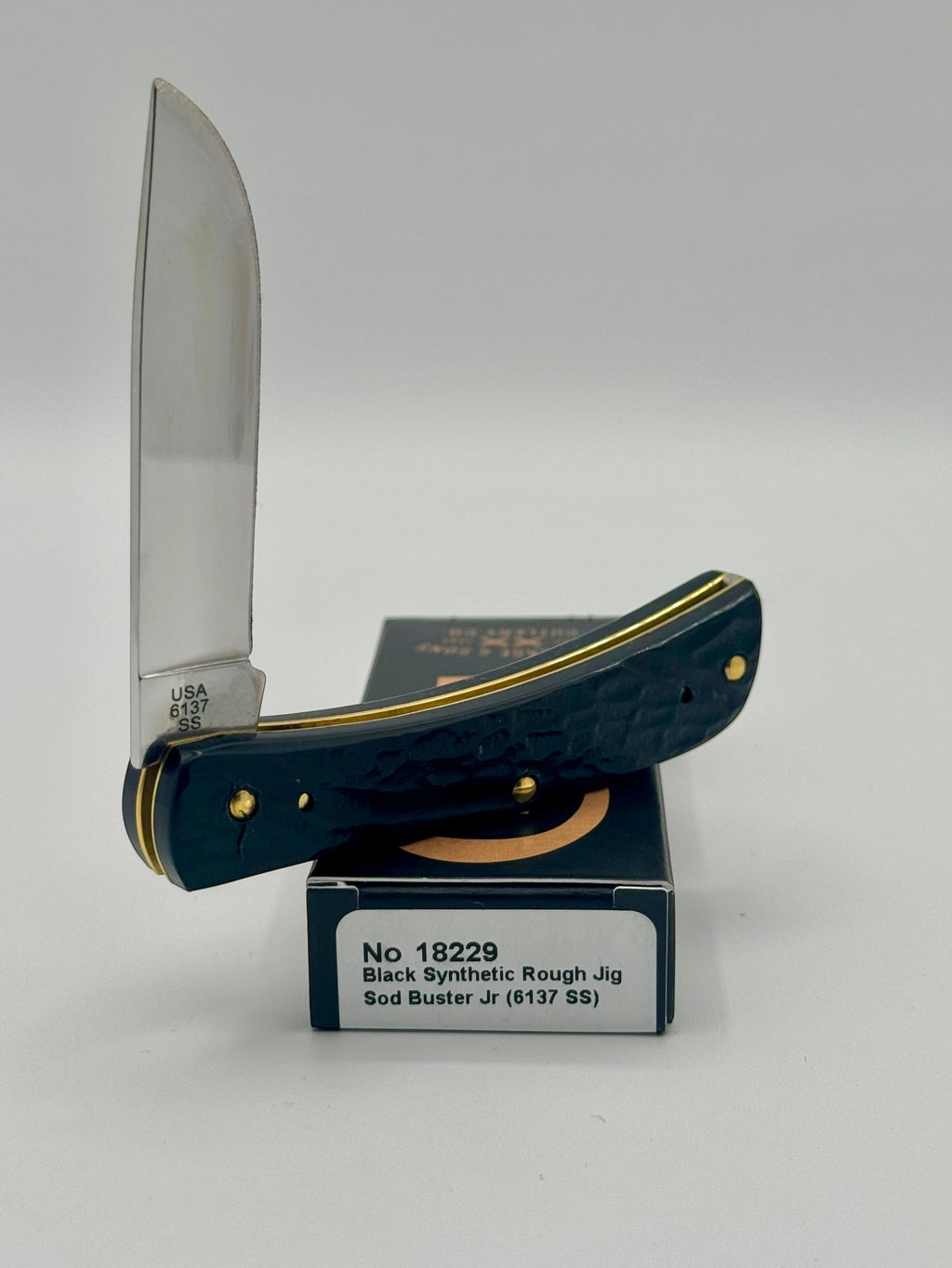 Case XX 18229 Rough Black Sod Buster Jr — back side on Case box