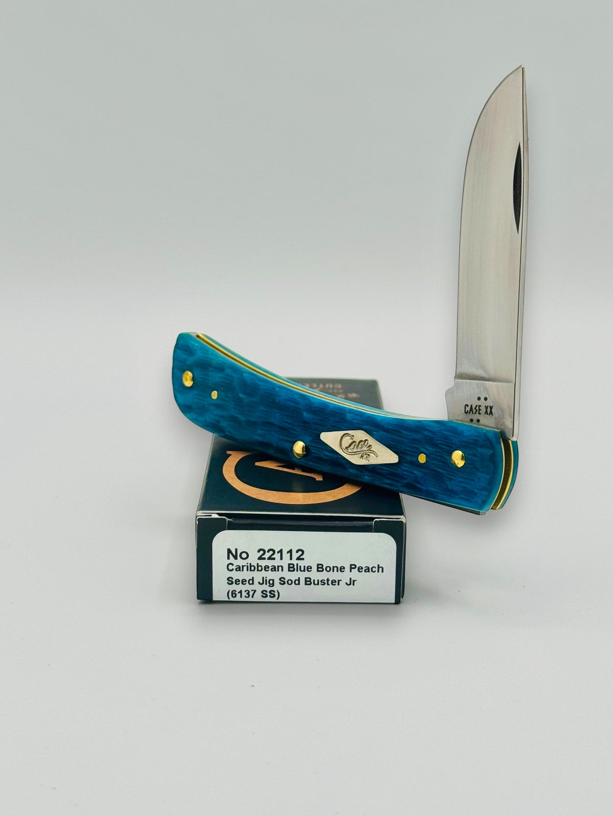 Case XX 22112 Sod Buster Jr Caribbean Blue Bone — closed on Case box