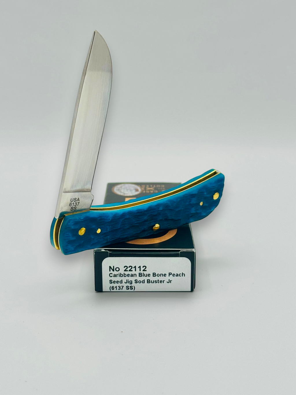 Case XX 22112 Sod Buster Jr Caribbean Blue Bone — spine and bolster view