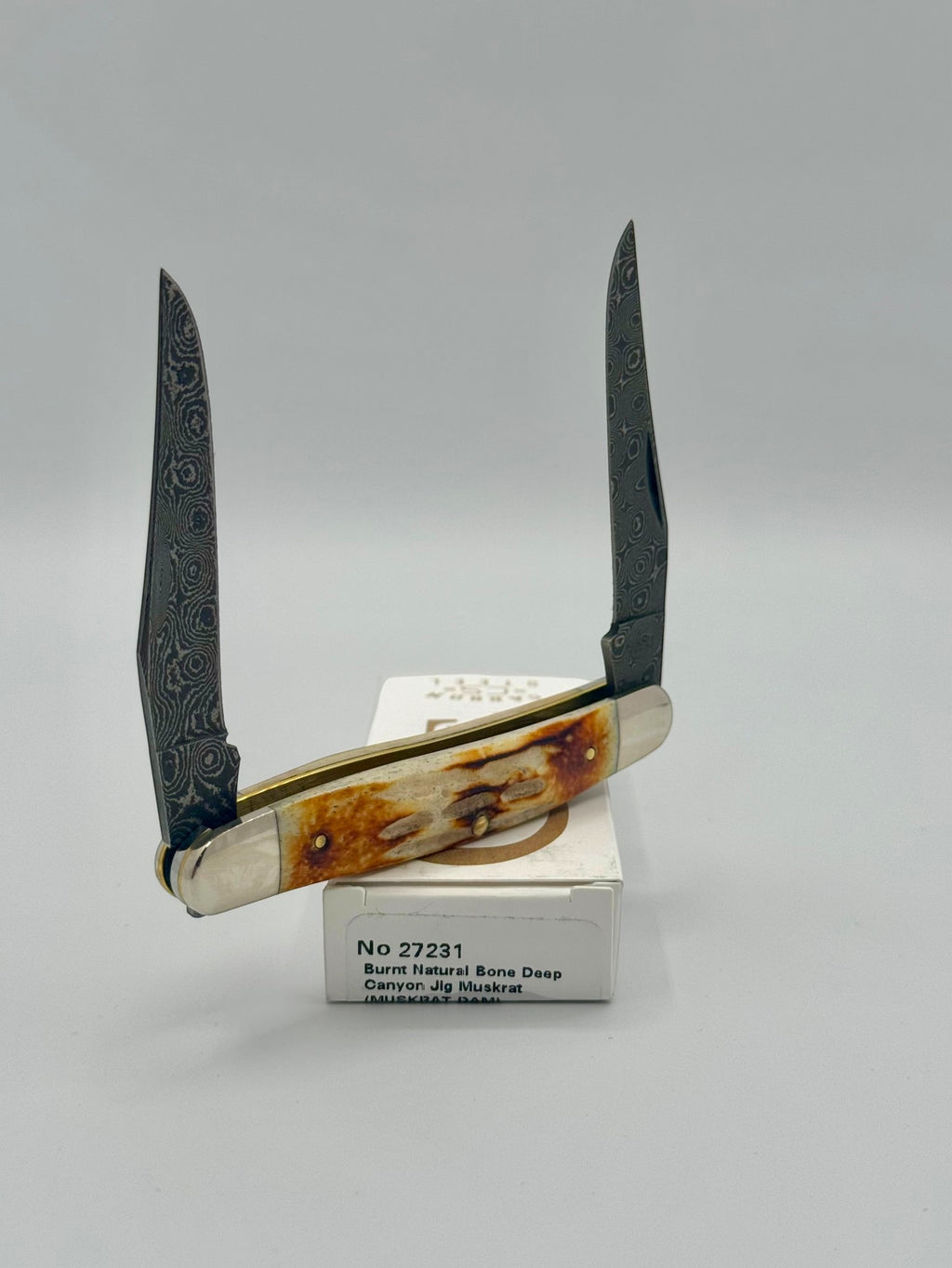 Case XX 27231 Damascus Burnt Natural Bone Deep Canyon Jig Muskrat — back side on Case box