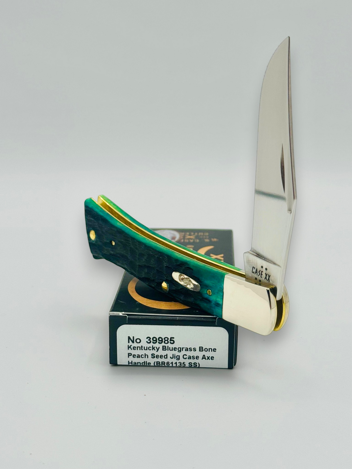 Case XX 39985 Axe Handle Kentucky Bluegrass Bone — closed on Case box