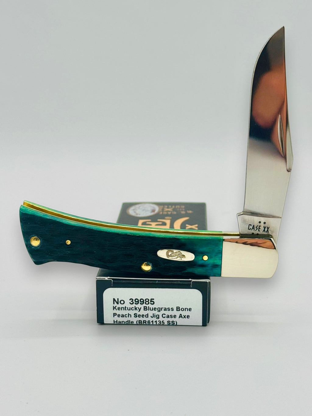 Case XX 39985 Axe Handle Kentucky Bluegrass Bone — open on Case retail box