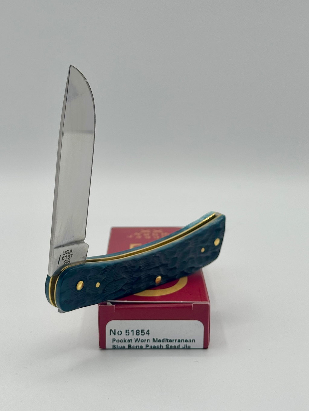 Case XX 51854 Mediterranean Blue Bone Sod Buster Jr — back side on Case box