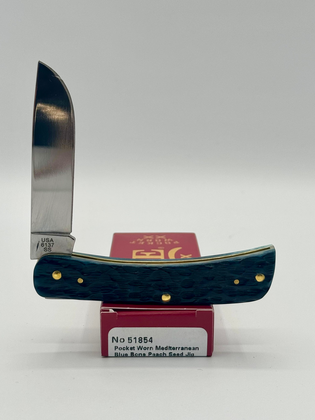Case XX 51854 Mediterranean Blue Bone Sod Buster Jr — angled open view