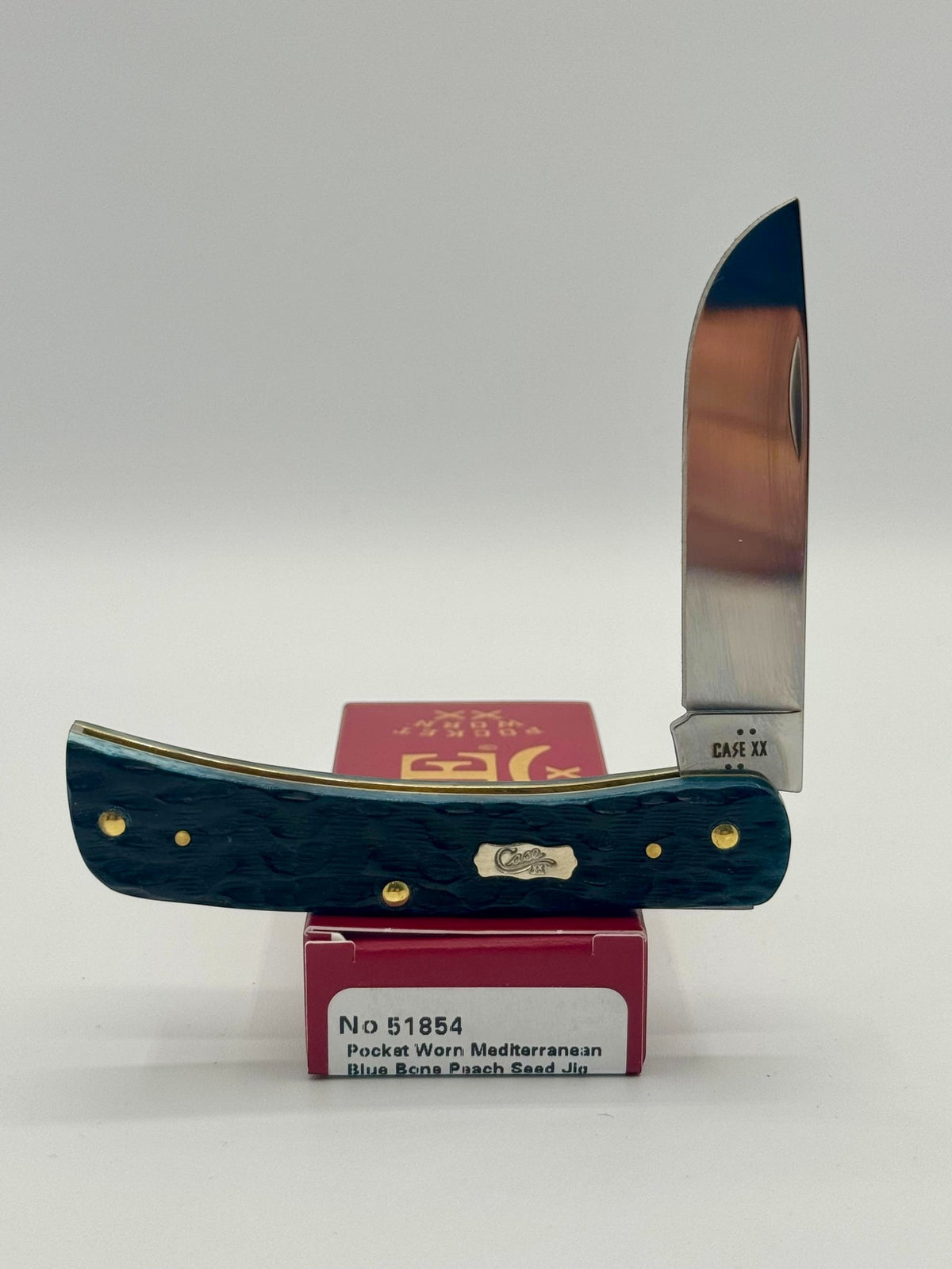 Case XX 51854 Mediterranean Blue Bone Sod Buster Jr — open on Case retail box