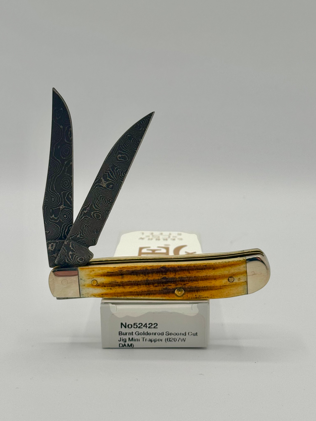 Case XX 52422 Burnt Goldenrod Second Cut Damascus Mini Trapper — angled open view