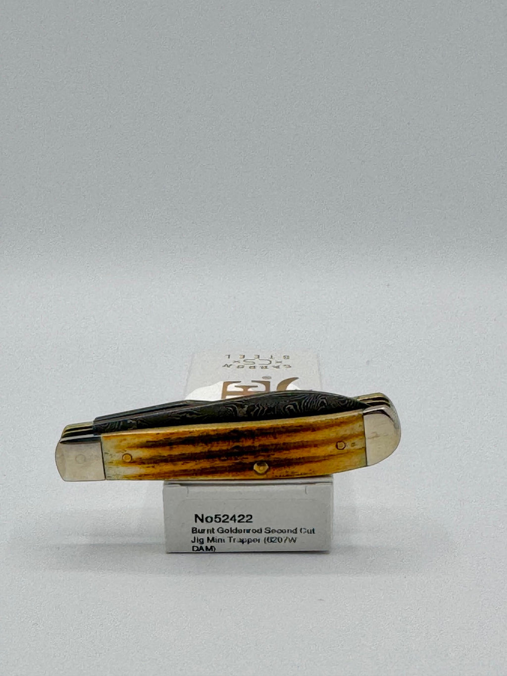 Case XX 52422 Burnt Goldenrod Second Cut Damascus Mini Trapper — packaging and knife together