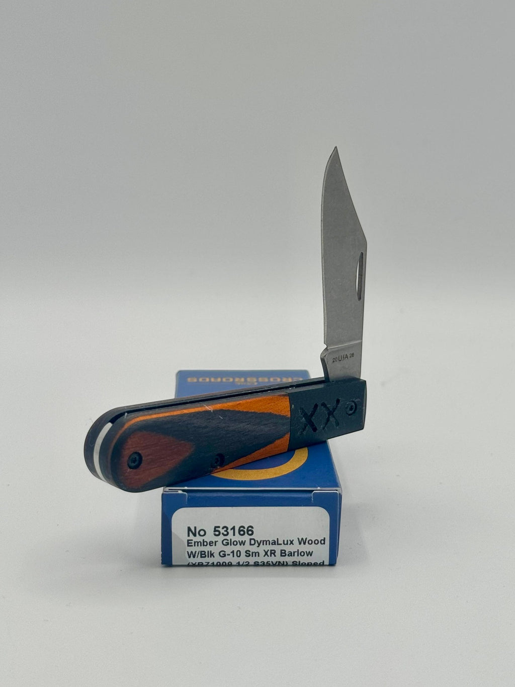 Case XX 53166 Crossroads Ember Glow Dymalux Wood Barlow — blade detail on Case box