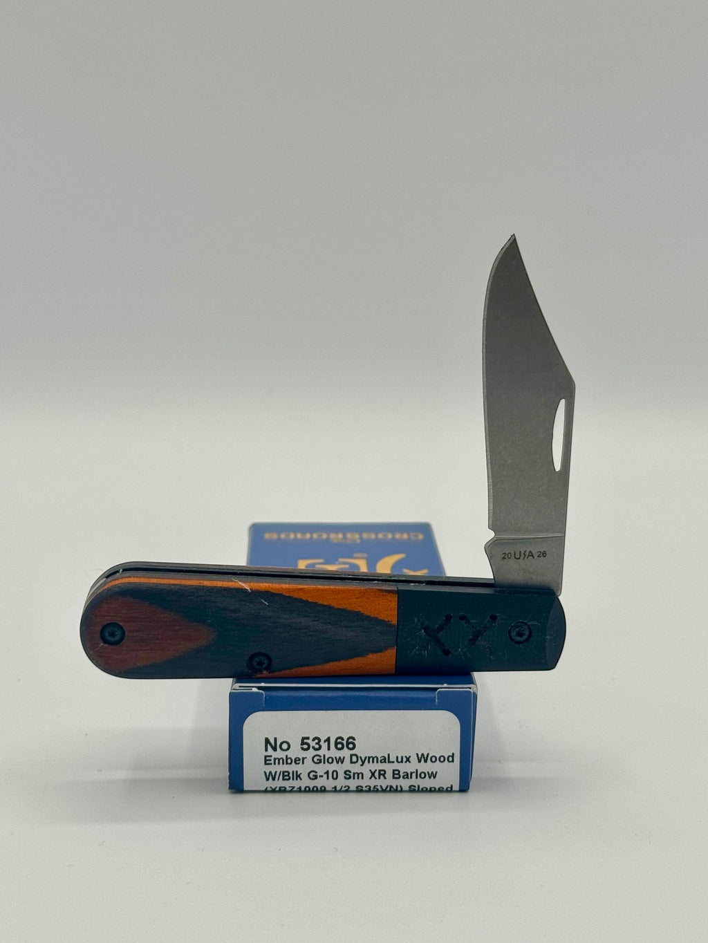 Case XX 53166 Crossroads Ember Glow Dymalux Wood Barlow — open on Case retail box
