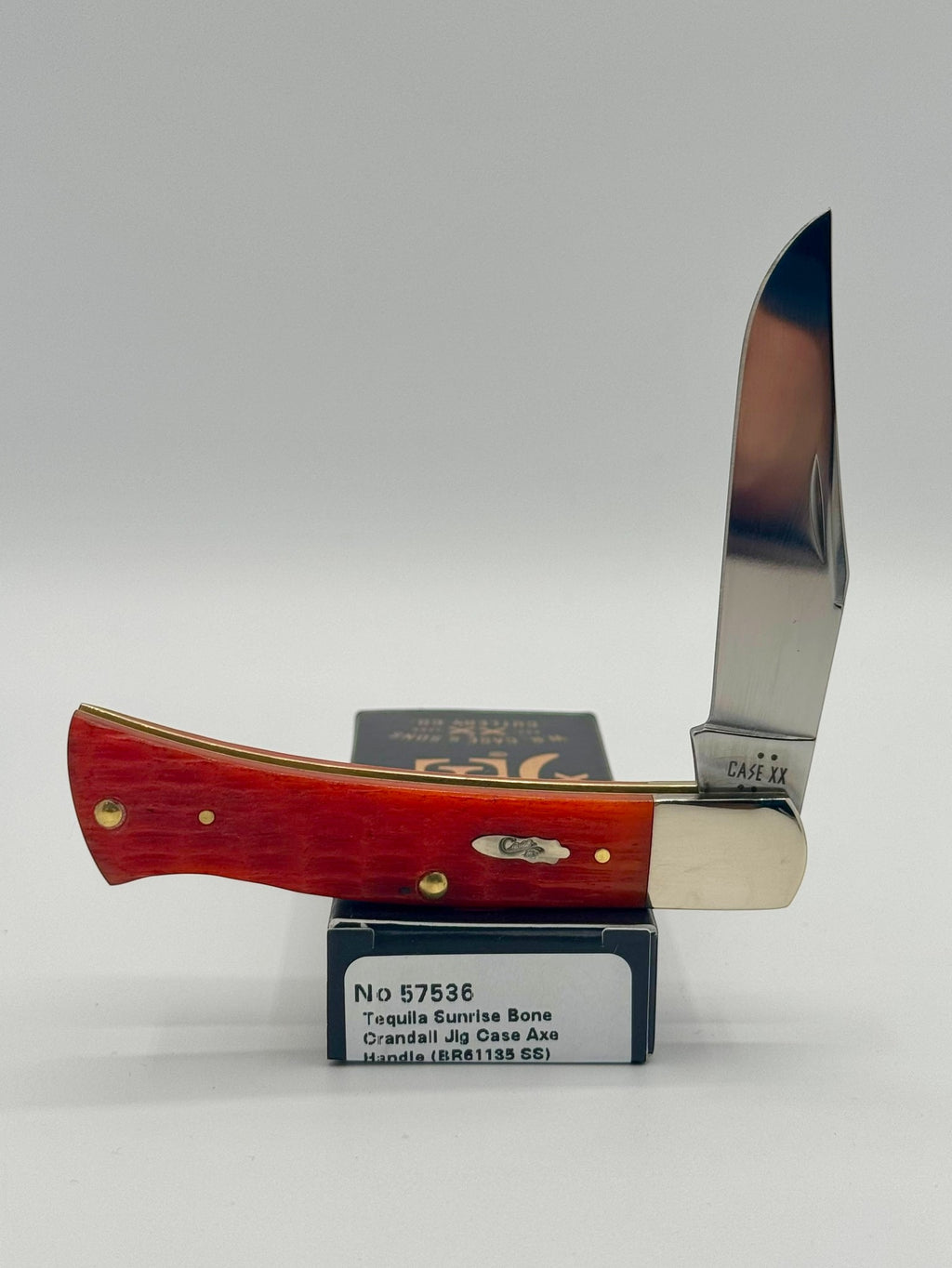 Case XX 57536 Tequila Sunrise Bone Axe Handle — open on Case retail box