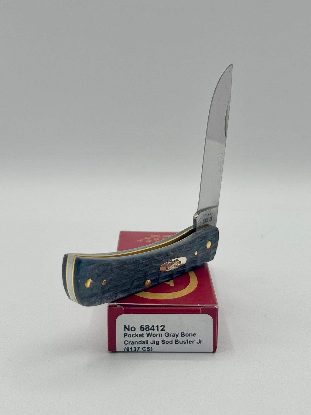 Case XX 58412 Gray Bone Sod Buster Jr CV — blade detail on Case box