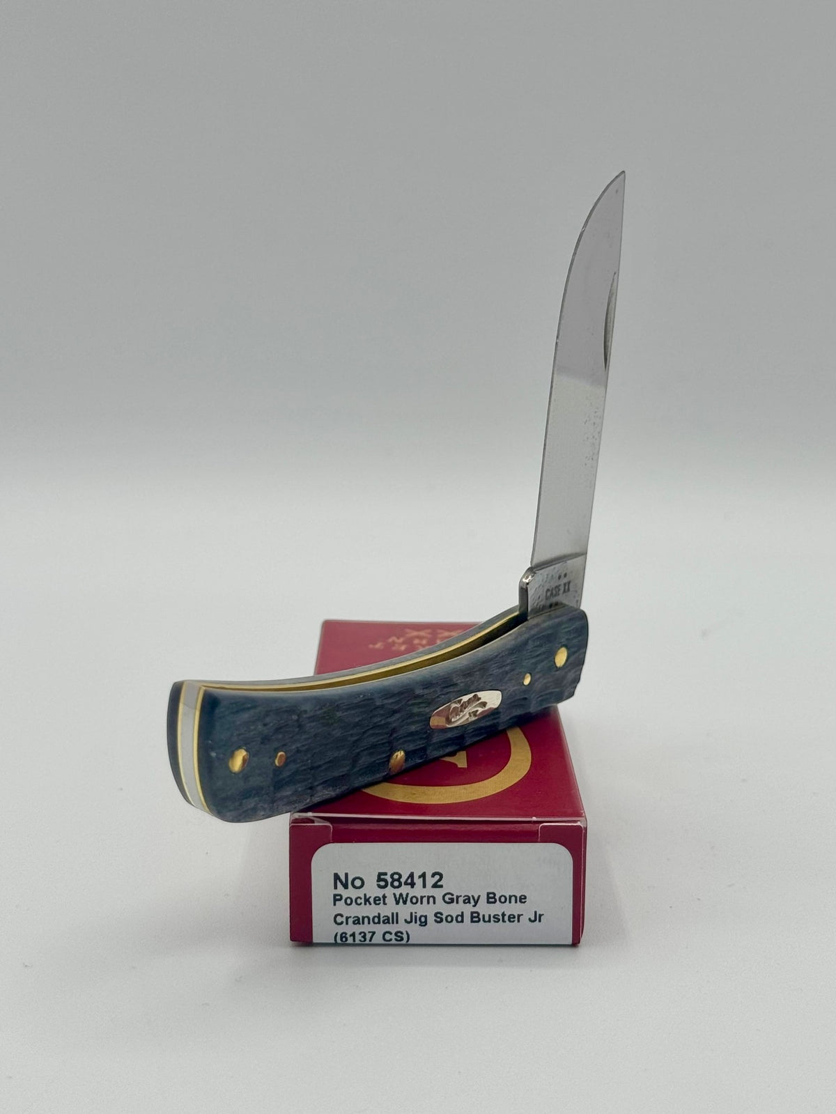 Case XX 58412 Gray Bone Sod Buster Jr CV — blade detail on Case box