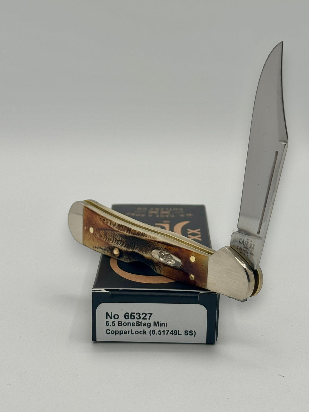 Case XX 65327 BoneStag Mini CopperLock — closed on Case box