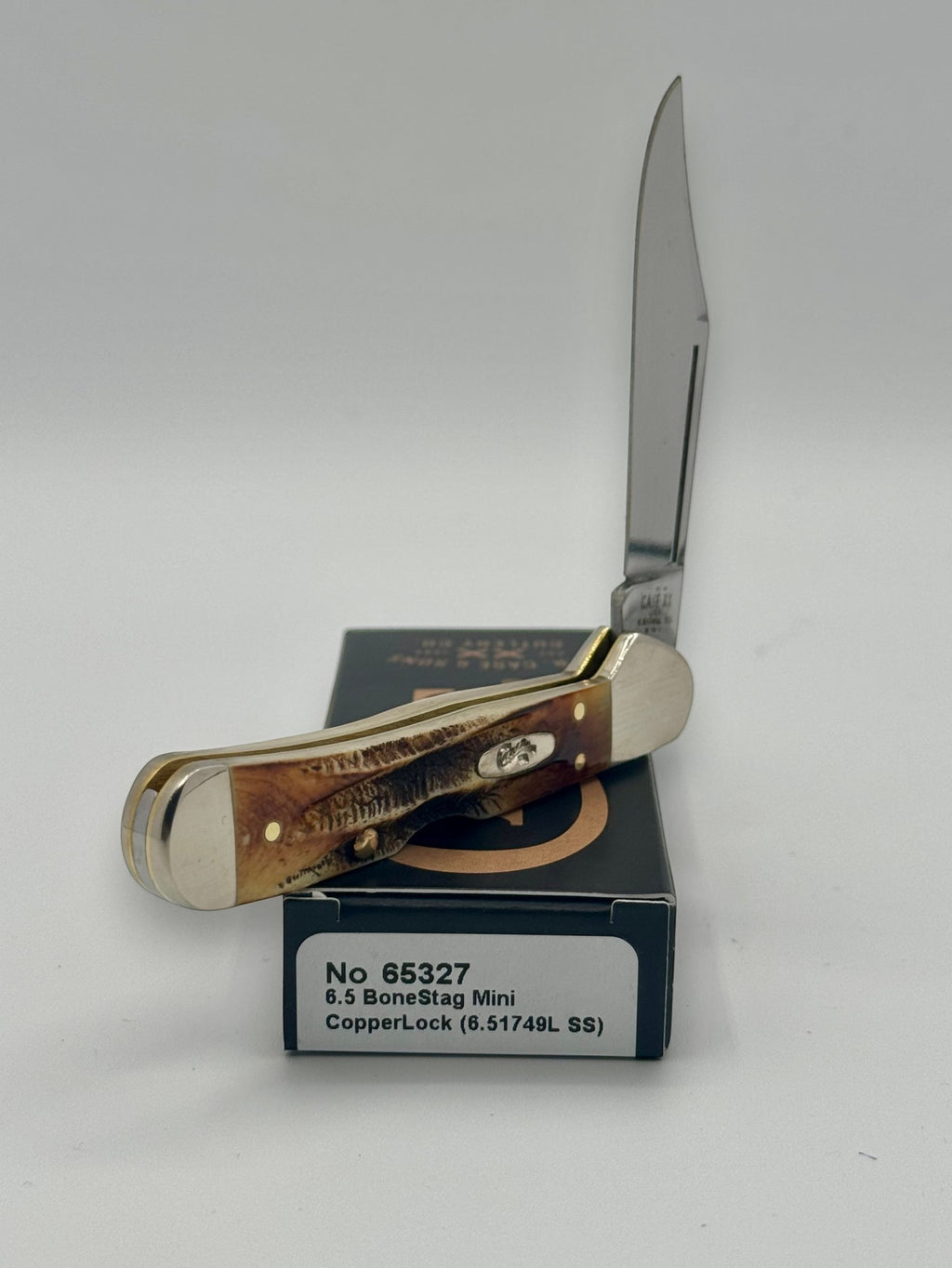 Case XX 65327 BoneStag Mini CopperLock — blade detail on Case box