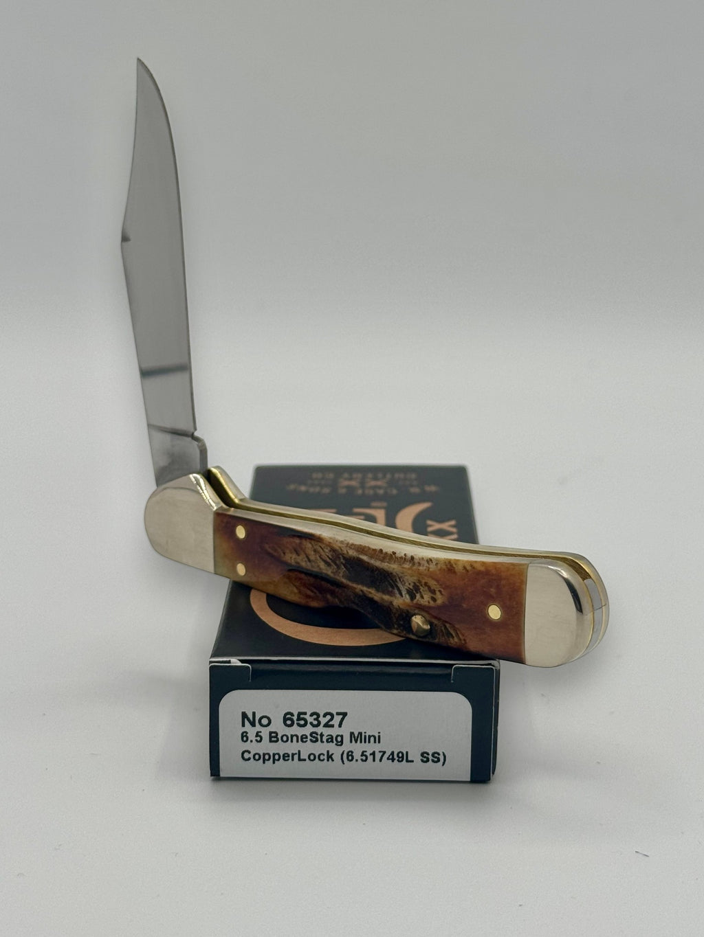 Case XX 65327 BoneStag Mini CopperLock — handle and shield detail