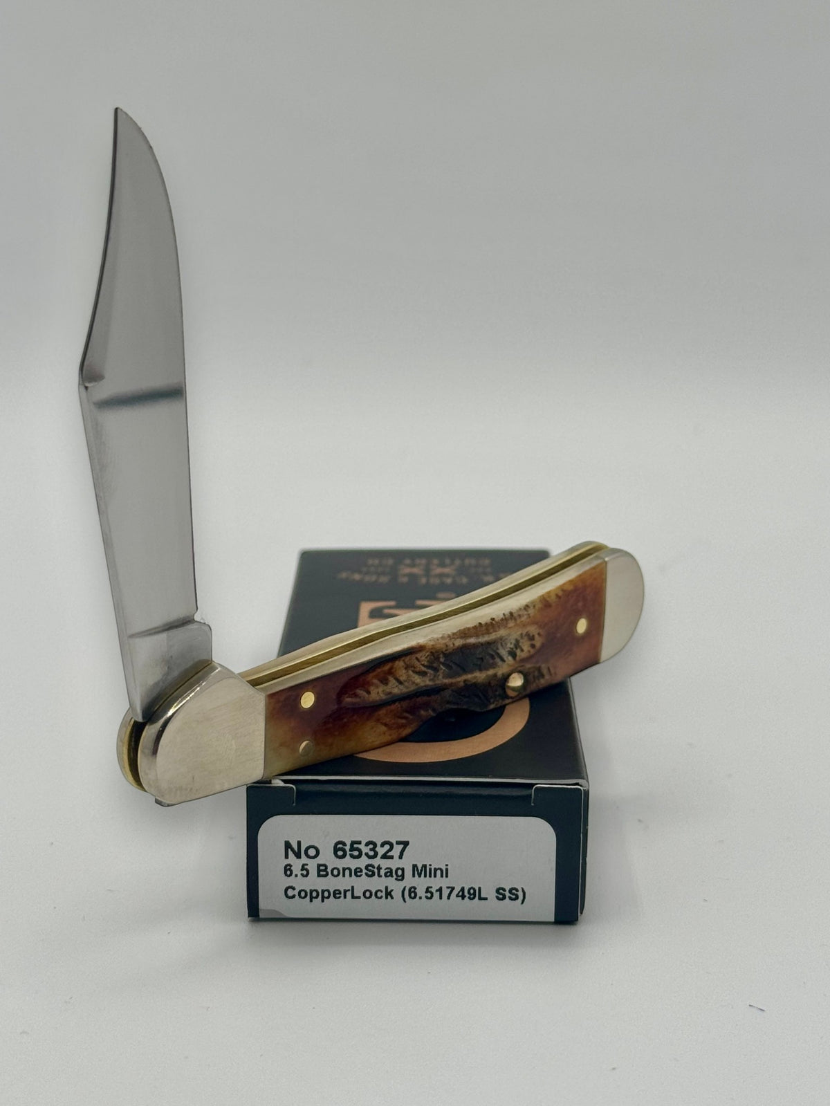 Case XX 65327 BoneStag Mini CopperLock — back side on Case box