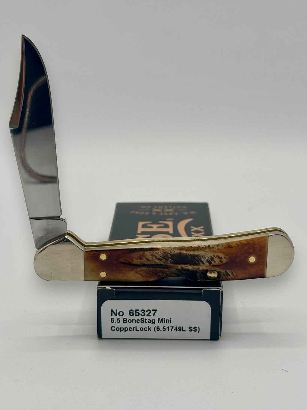 Case XX 65327 BoneStag Mini CopperLock — angled open view
