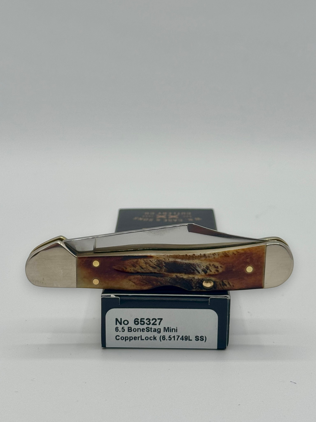 Case XX 65327 BoneStag Mini CopperLock — packaging and knife together