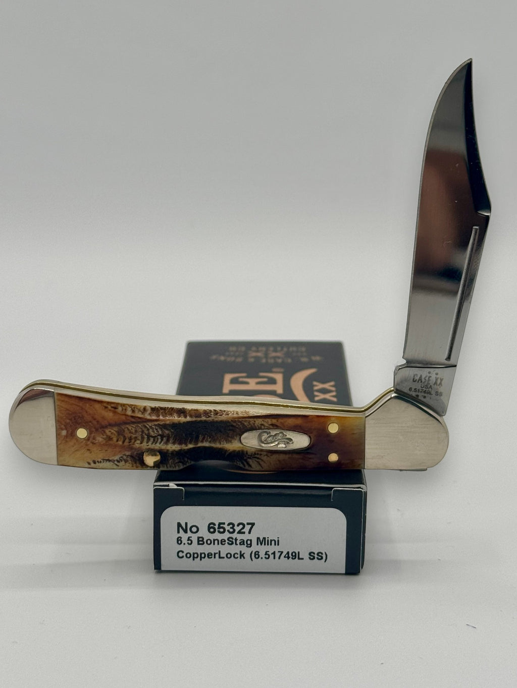 Case XX 65327 BoneStag Mini CopperLock — open on Case retail box