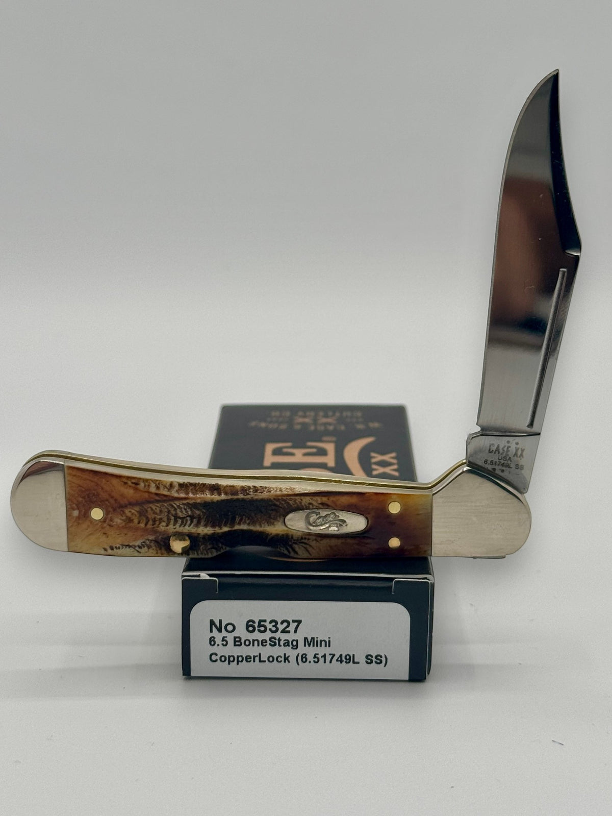 Case XX 65327 BoneStag Mini CopperLock — open on Case retail box