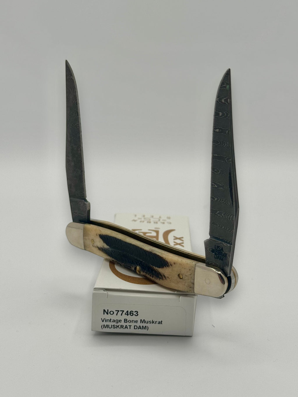Case XX 77463 Vintage Bone Muskrat Damascus — handle and shield detail