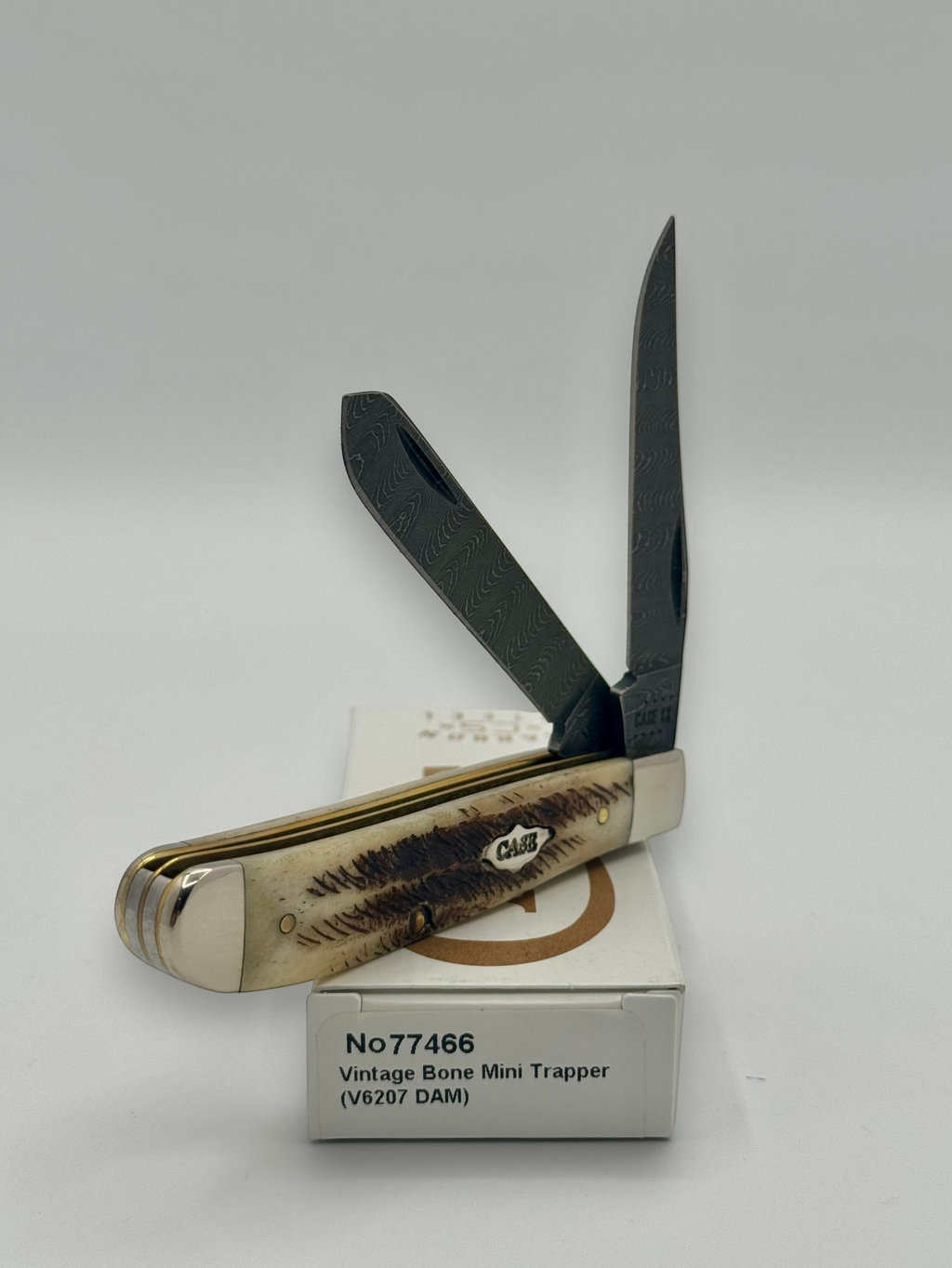 Case XX 77466 Vintage Bone Mini Trapper — blade detail on Case box