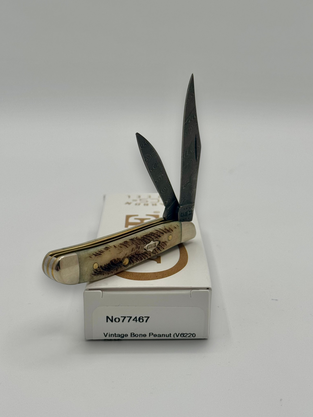 Case XX 77467 Vintage Bone Peanut Damascus — blade detail on Case box