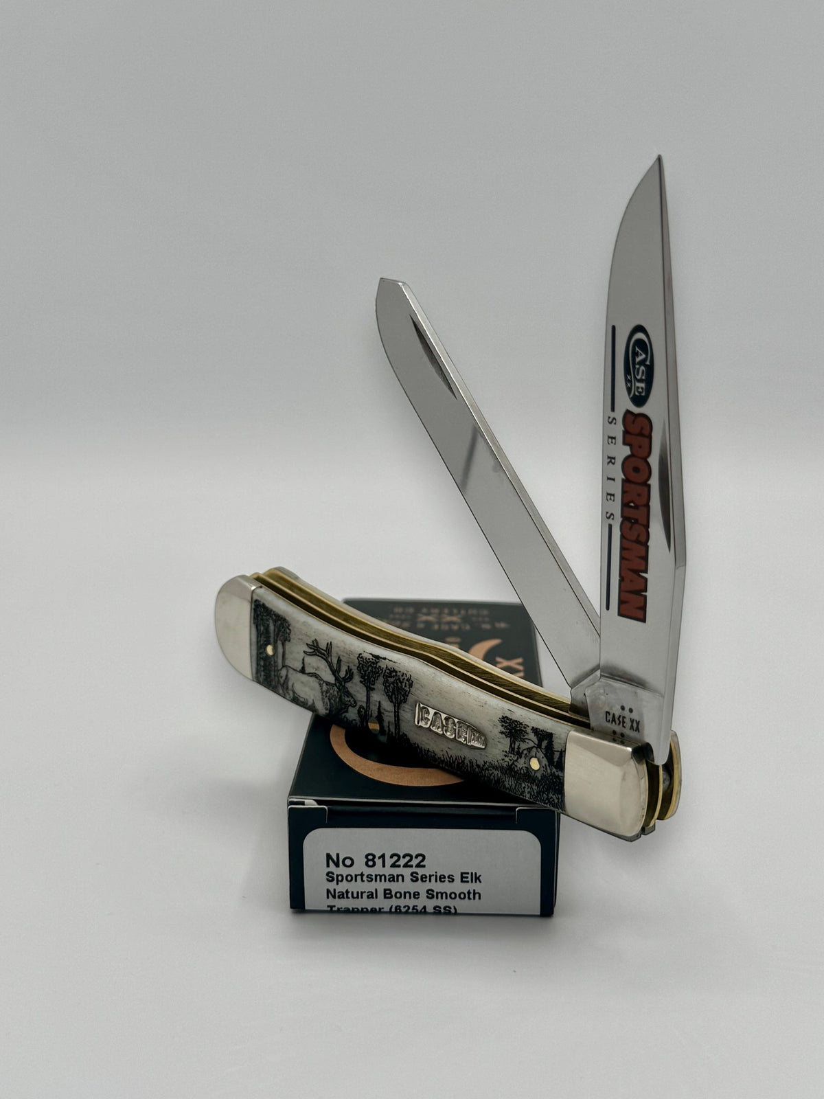 Case XX 81222 Sportsman Elk Bone Trapper — closed on Case box