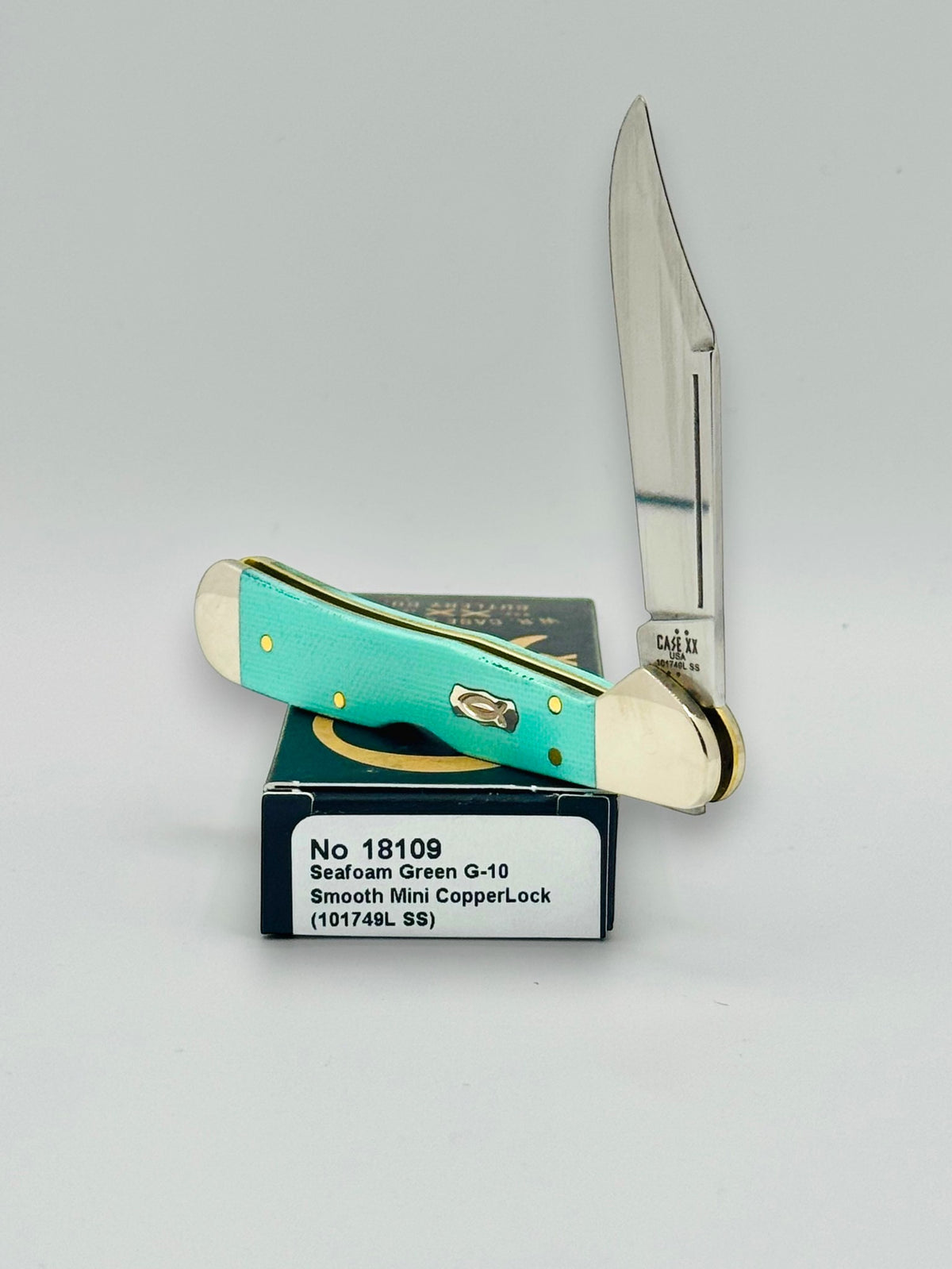 Case XX 18109 Seafoam Green G-10 Mini CopperLock — closed on Case box