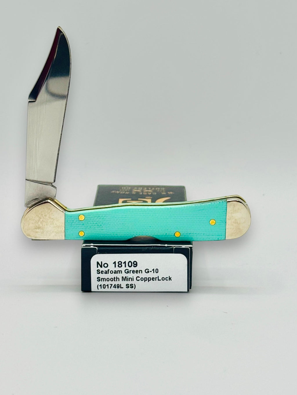 Case XX 18109 Seafoam Green G-10 Mini CopperLock — angled open on Case box