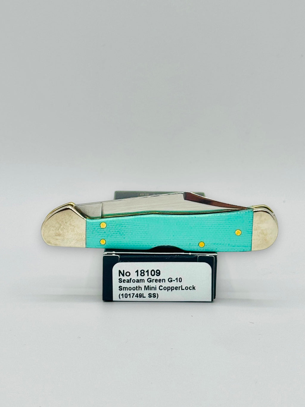 Case XX 18109 Seafoam Green G-10 Mini CopperLock — boxed presentation