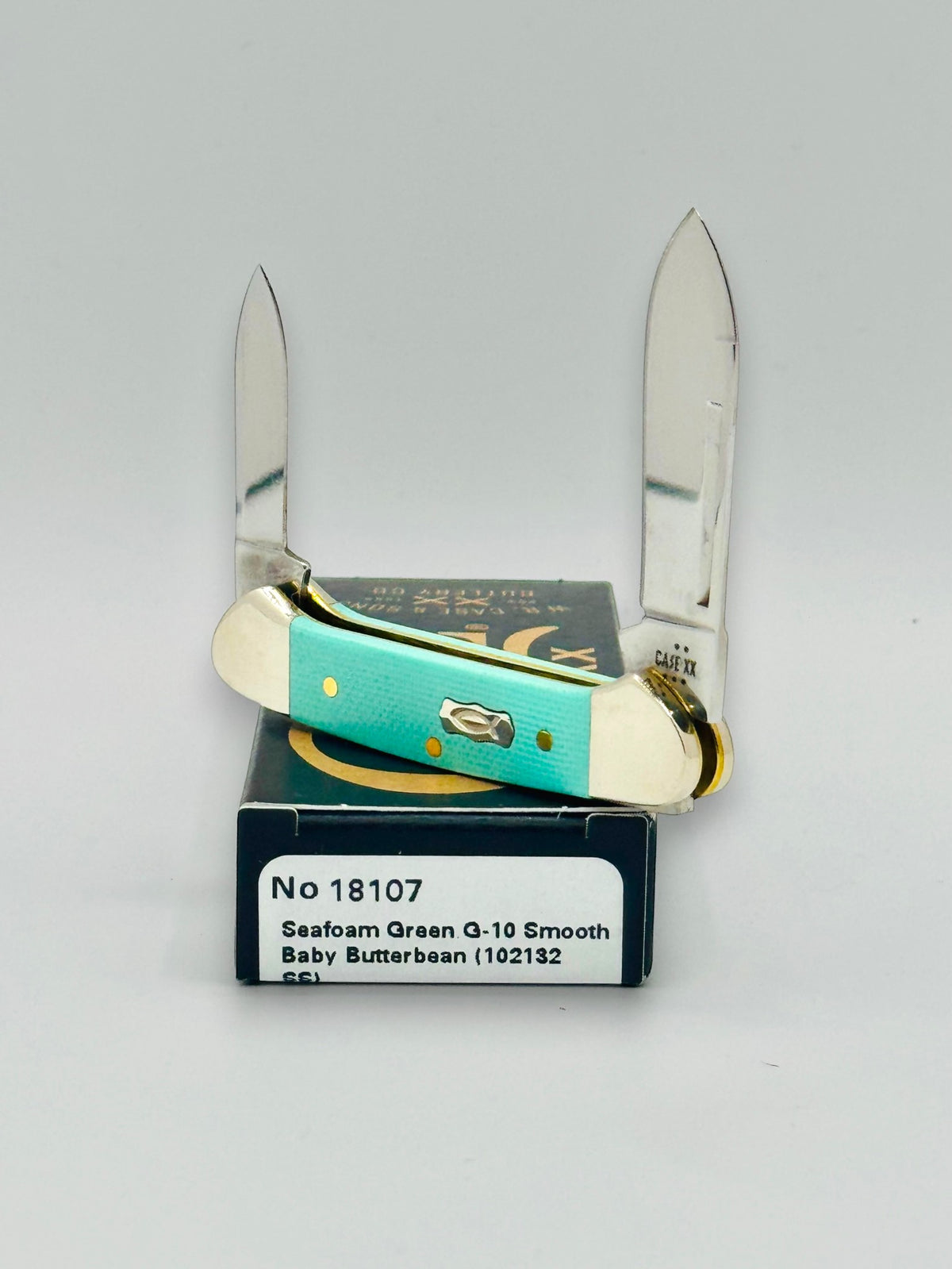 Case XX 18107 Seafoam Green G-10 Baby Butterbean — closed on Case box