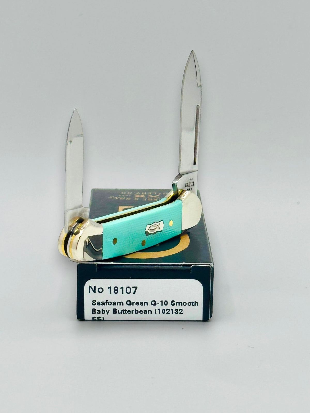 Case XX 18107 Seafoam Green G-10 Baby Butterbean — blade detail on Case box