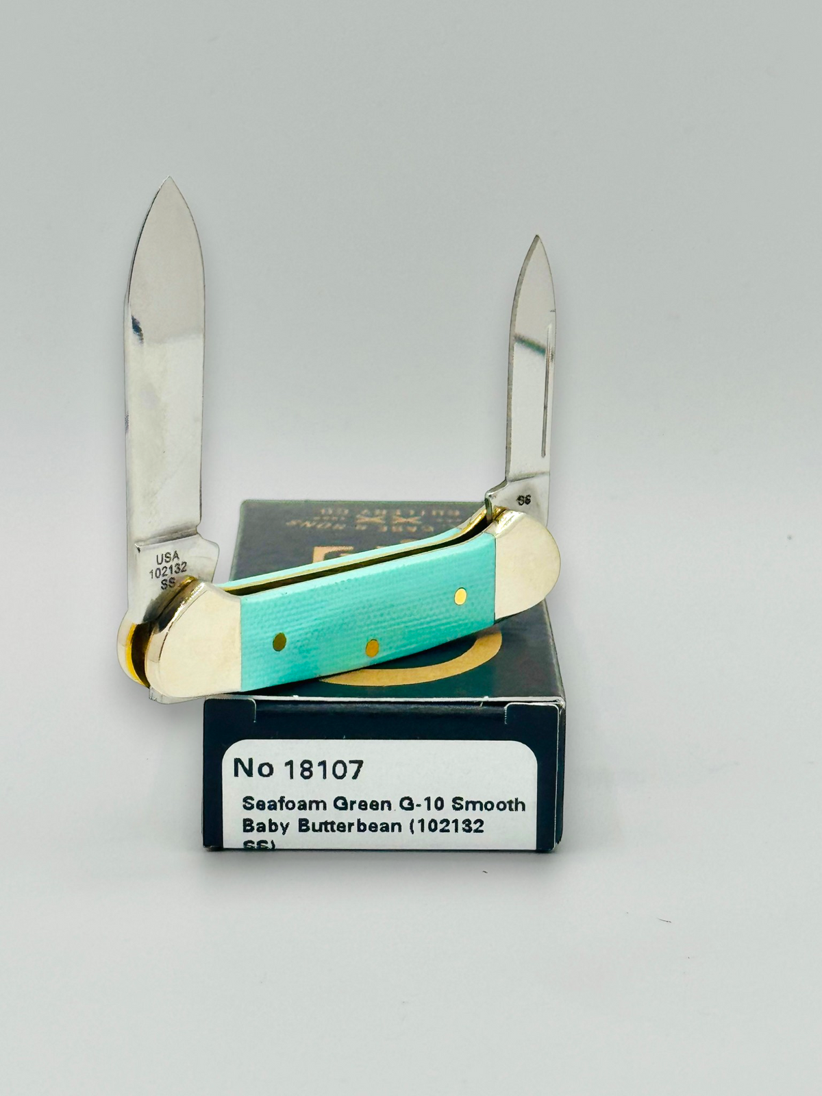 Case XX 18107 Seafoam Green G-10 Baby Butterbean — spine and bolster view