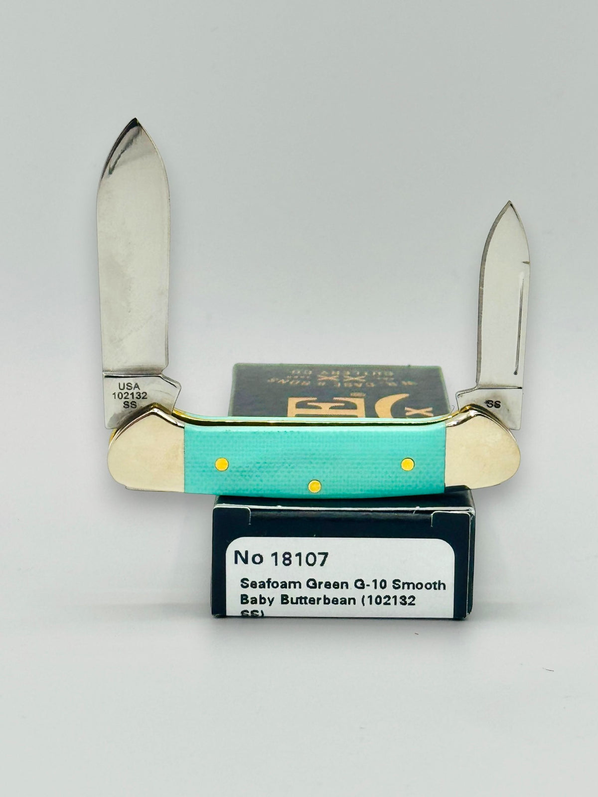 Case XX 18107 Seafoam Green G-10 Baby Butterbean — angled open on Case box