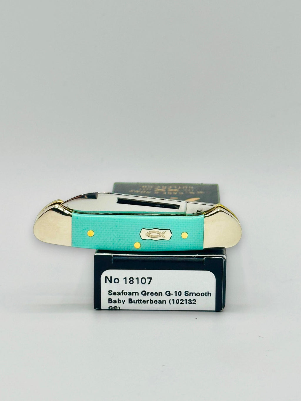 Case XX 18107 Seafoam Green G-10 Baby Butterbean — profile on Case packaging