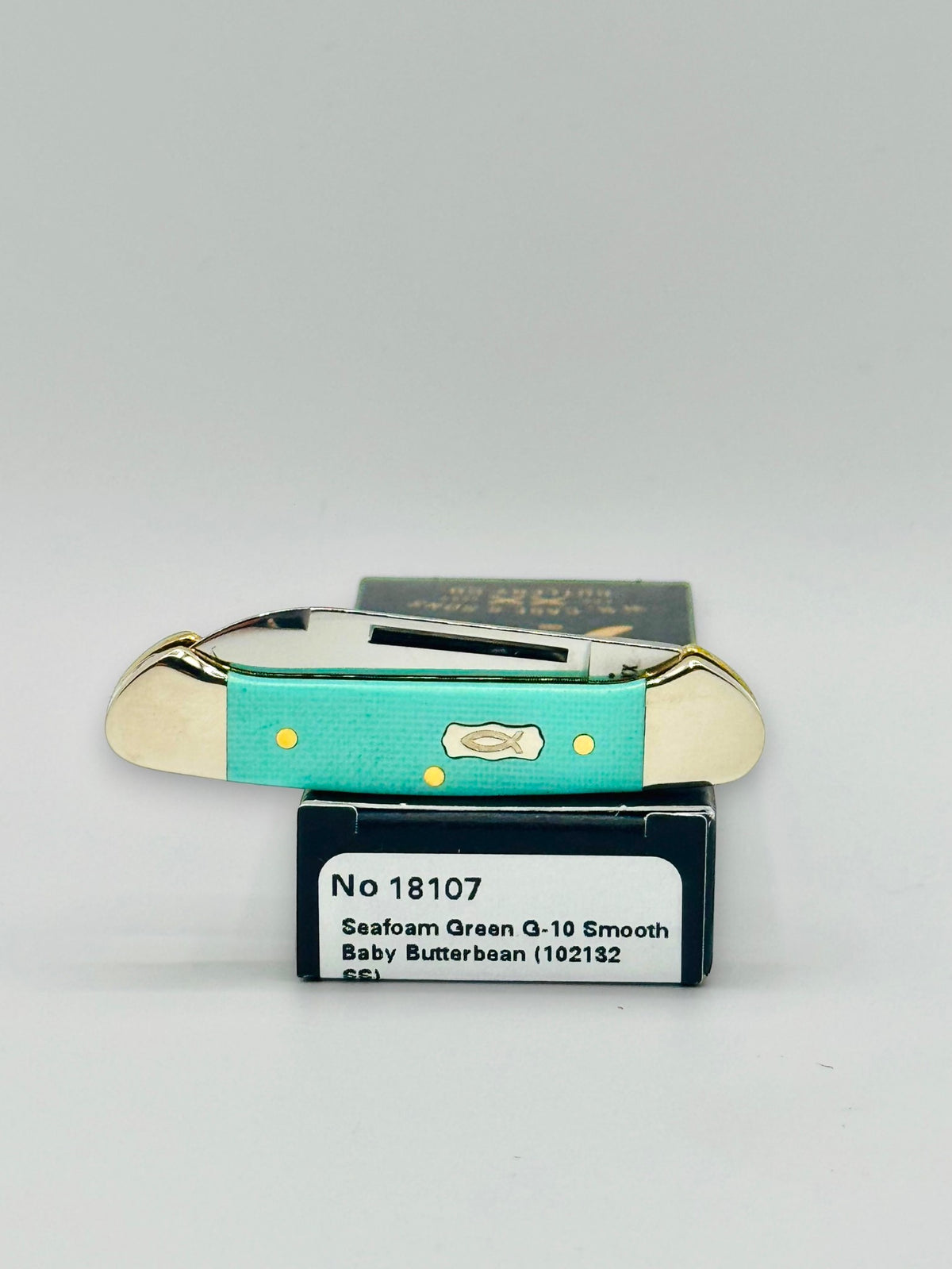 Case XX 18107 Seafoam Green G-10 Baby Butterbean — profile on Case packaging
