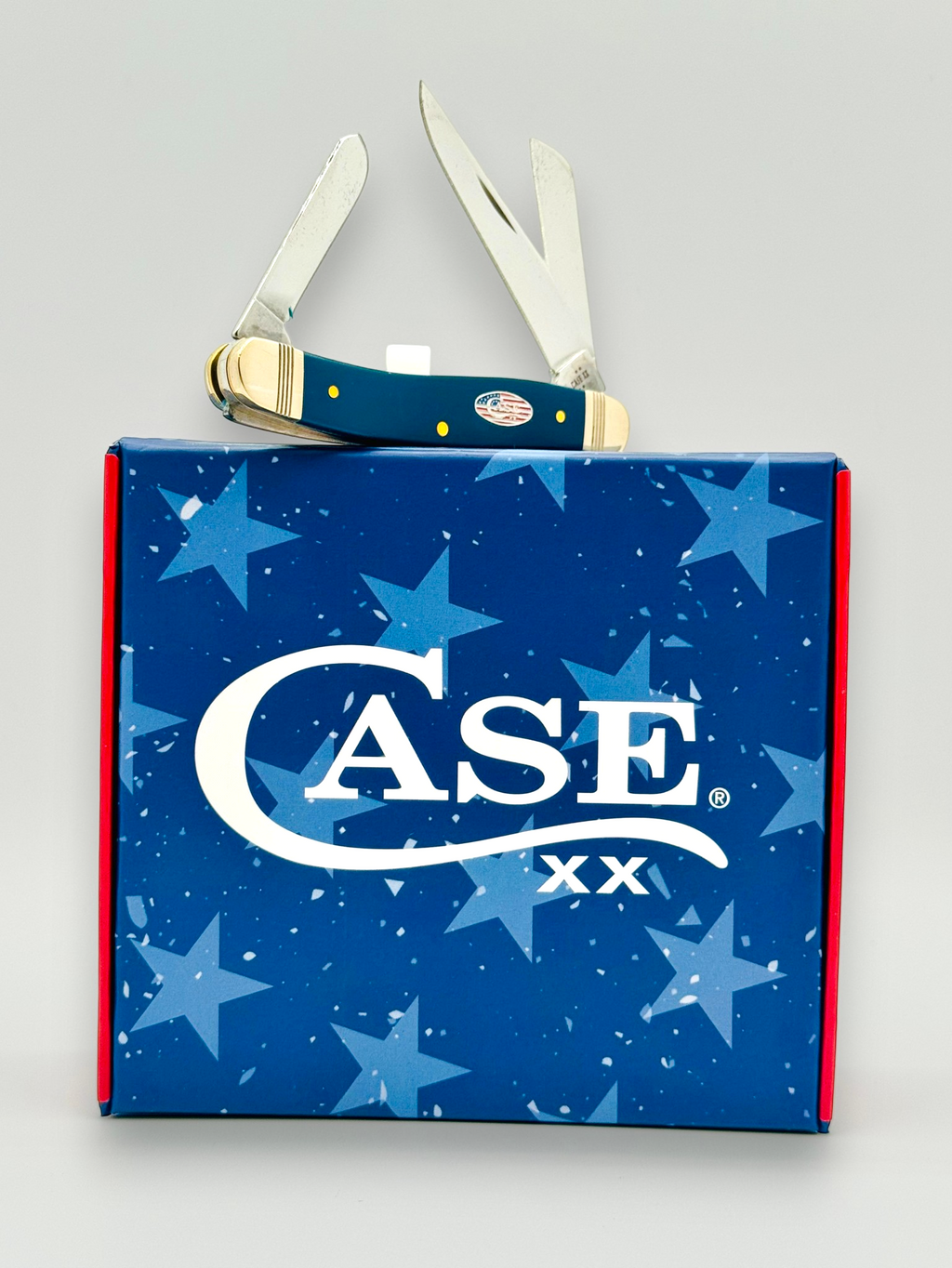 Case XX 10863 Navy Blue Synthetic Medium Stockman — open blades in cigar box